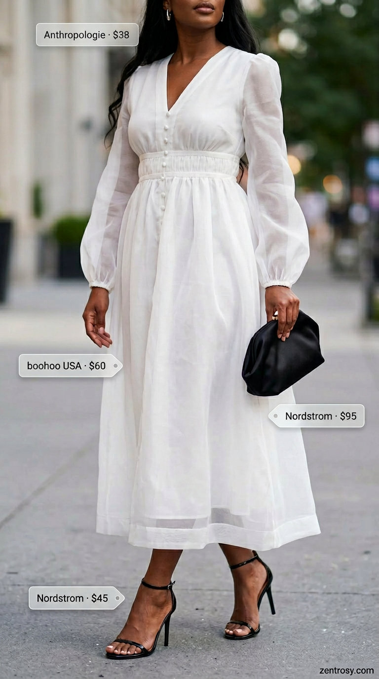 Ethereal ivory sheer shirt dress for women 2026, styled with strappy heels and a clutch for a cocktail party.