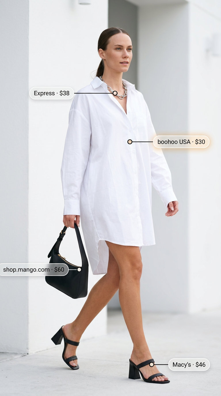 Urban white cotton poplin shirt dress for women 2026, paired with black sandals and crossbody.