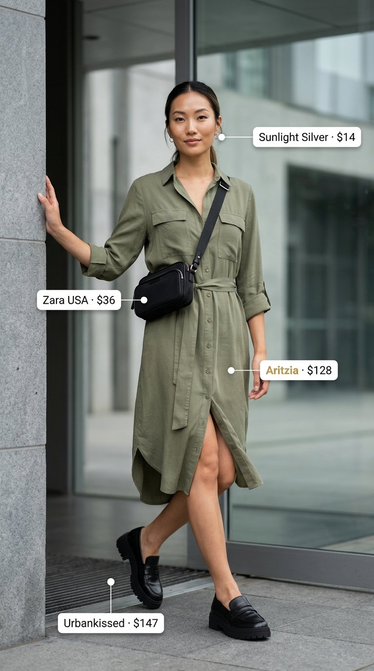 Chic olive green utility shirt dress for women 2026, paired with loafers and hoop earrings for casual work.