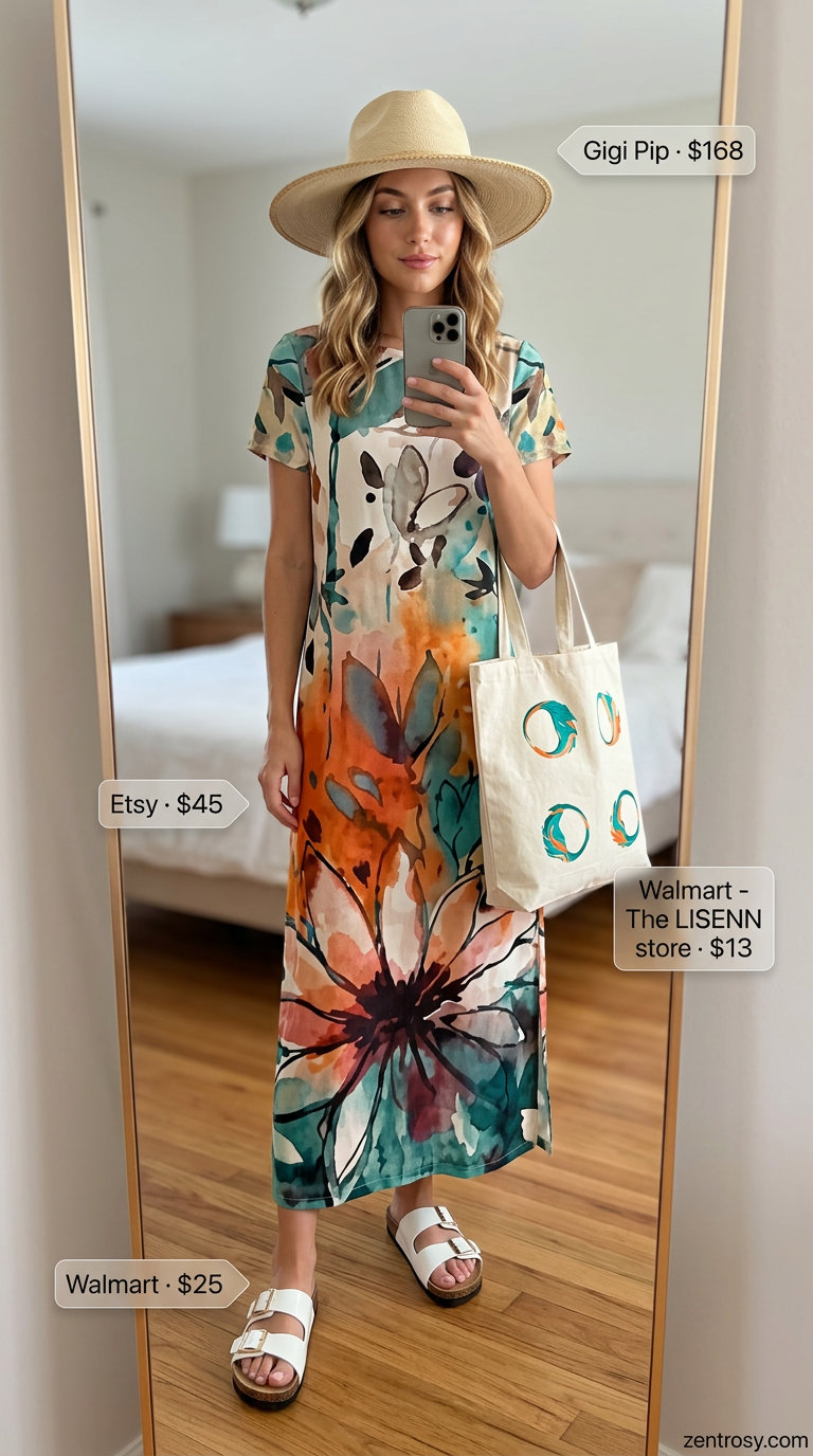 Vacation shirt dress for women 2026 in teal, orange, white abstract print with straw hat and slides.