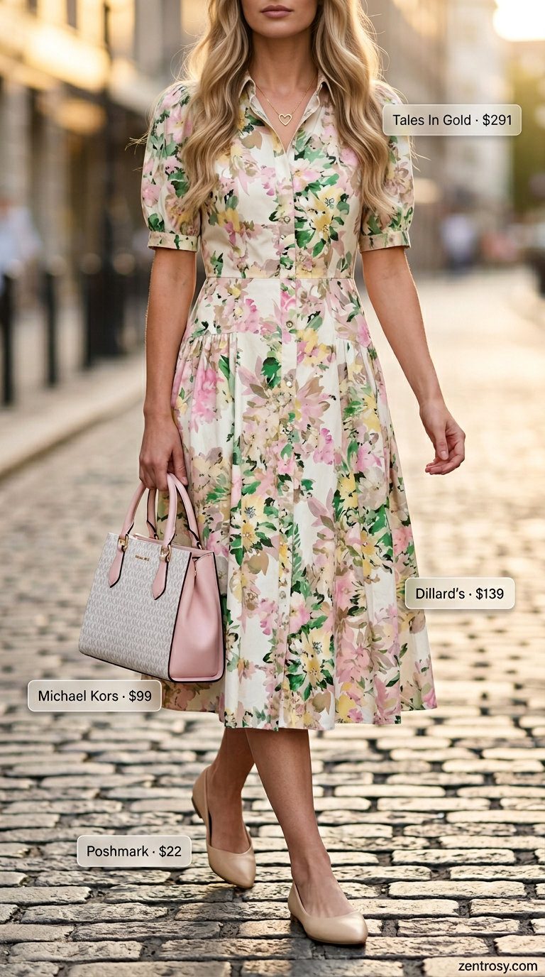 Pastel floral shirt dress for women 2026, styled for brunch with ballet flats.