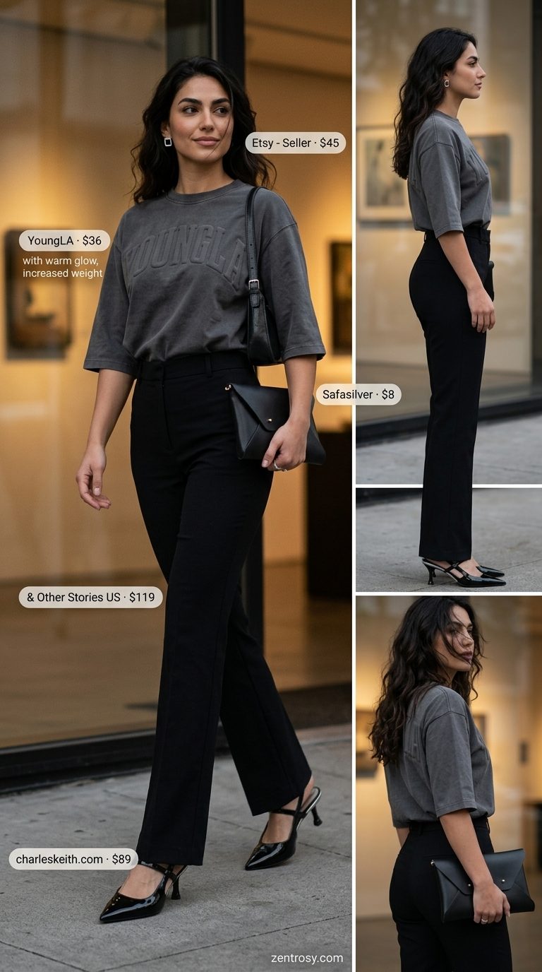 Art gallery opening outfit: Charcoal cropped t-shirt, black trousers, slingback pumps for an evening event.