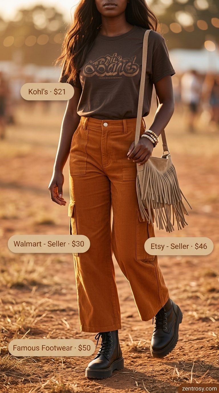 Distressed band t-shirt with rust cargo pants for desert festival. Summer Short Sleeve T Shirts for women 2026.