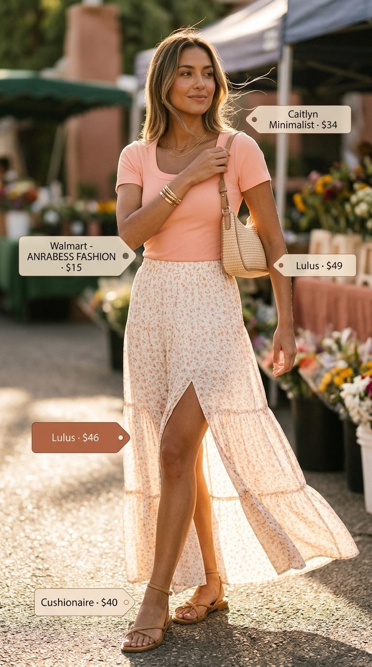 Bohemian picnic outfit: Soft peach scoop neck t-shirt, floral maxi skirt, raffia bag for a day date.