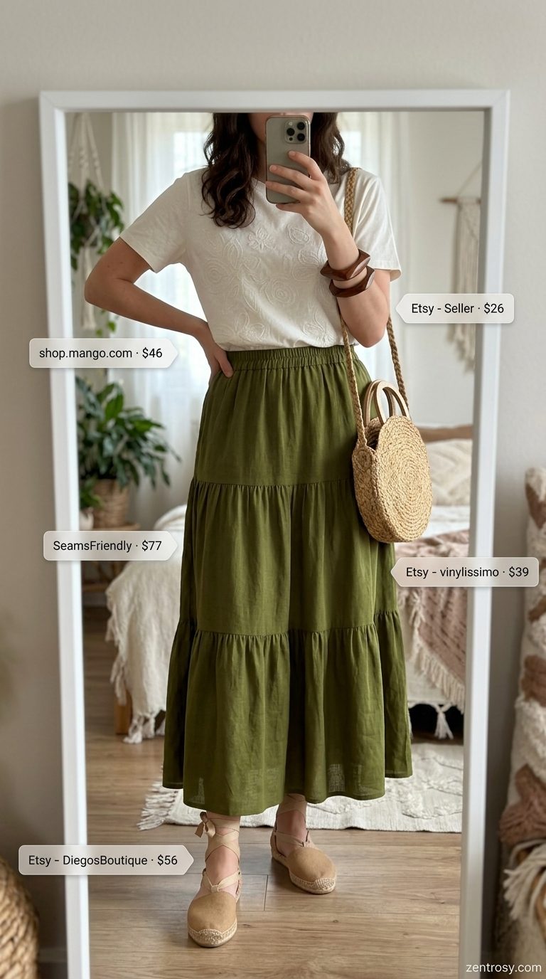 Boho beachside retreat outfit: Ivory embroidered t-shirt, olive green maxi skirt, straw bag. Summer Short Sleeve T Shirts for women 2026.