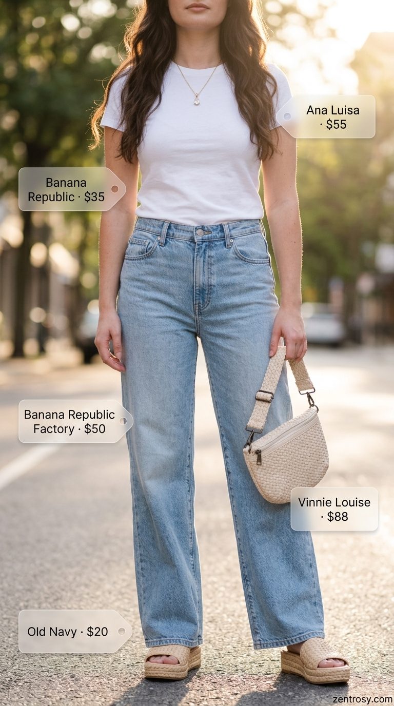 Casual city outfit: White cropped t-shirt, wide-leg jeans, espadrilles for a day out.