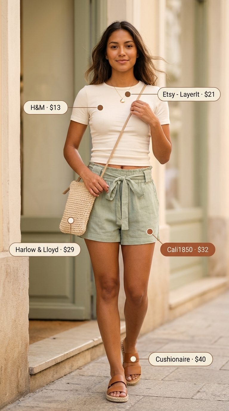 Coastal outfit: Cream short sleeve t-shirt, sage green linen shorts, tan espadrilles for brunch or beach day.