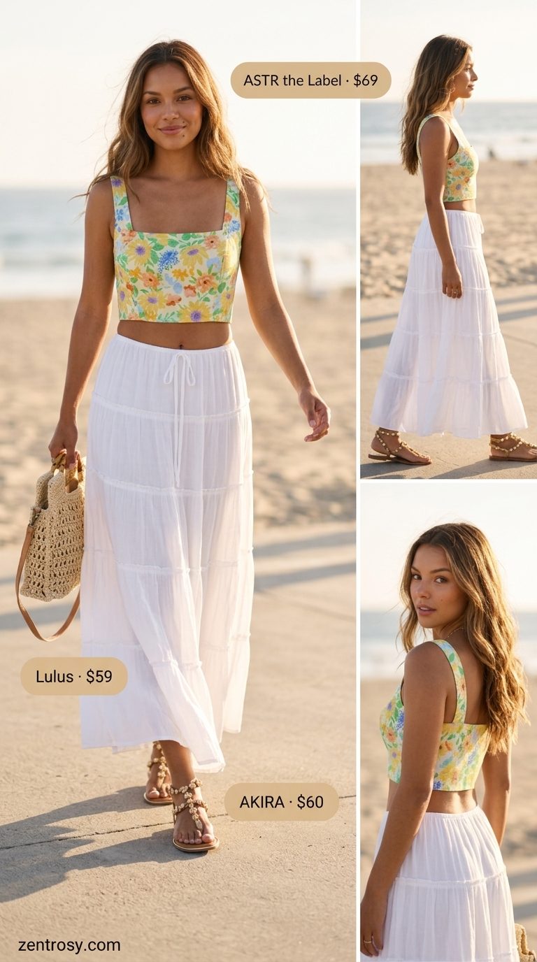 Floral print t-shirt with white maxi skirt for tropical getaway. Summer Short Sleeve T Shirts for women 2026.