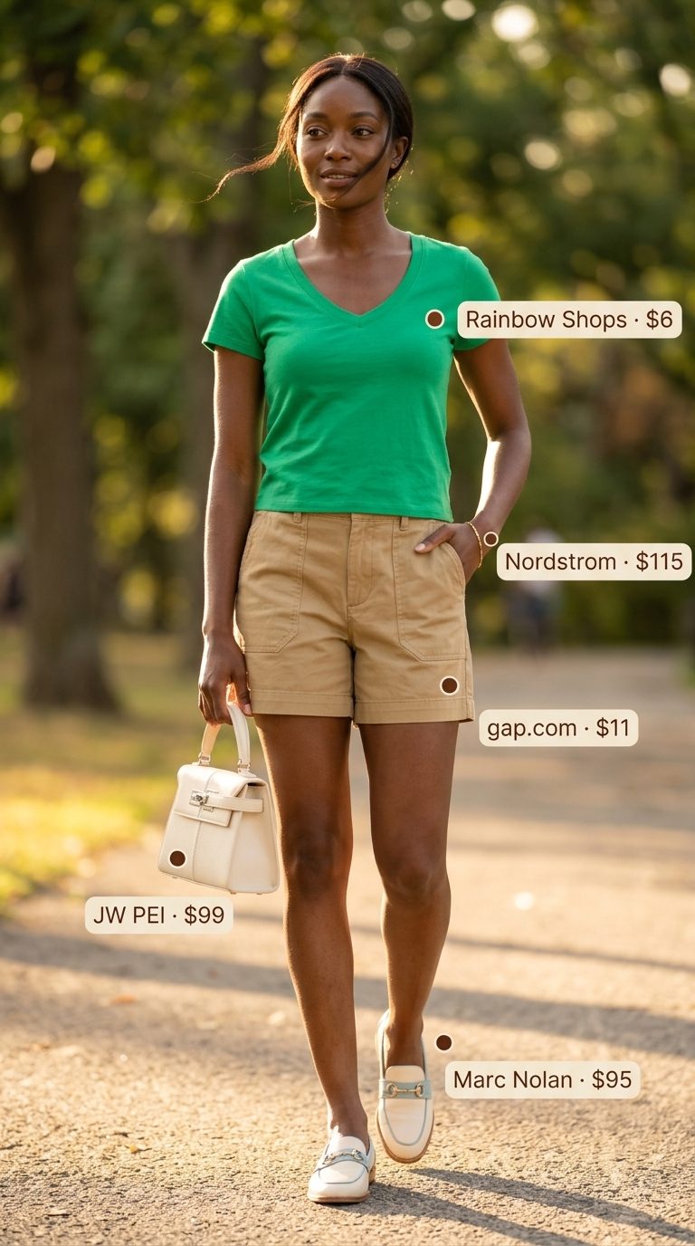 Kelly green v-neck t-shirt with khaki shorts for preppy park day. Summer Short Sleeve T Shirts for women 2026.