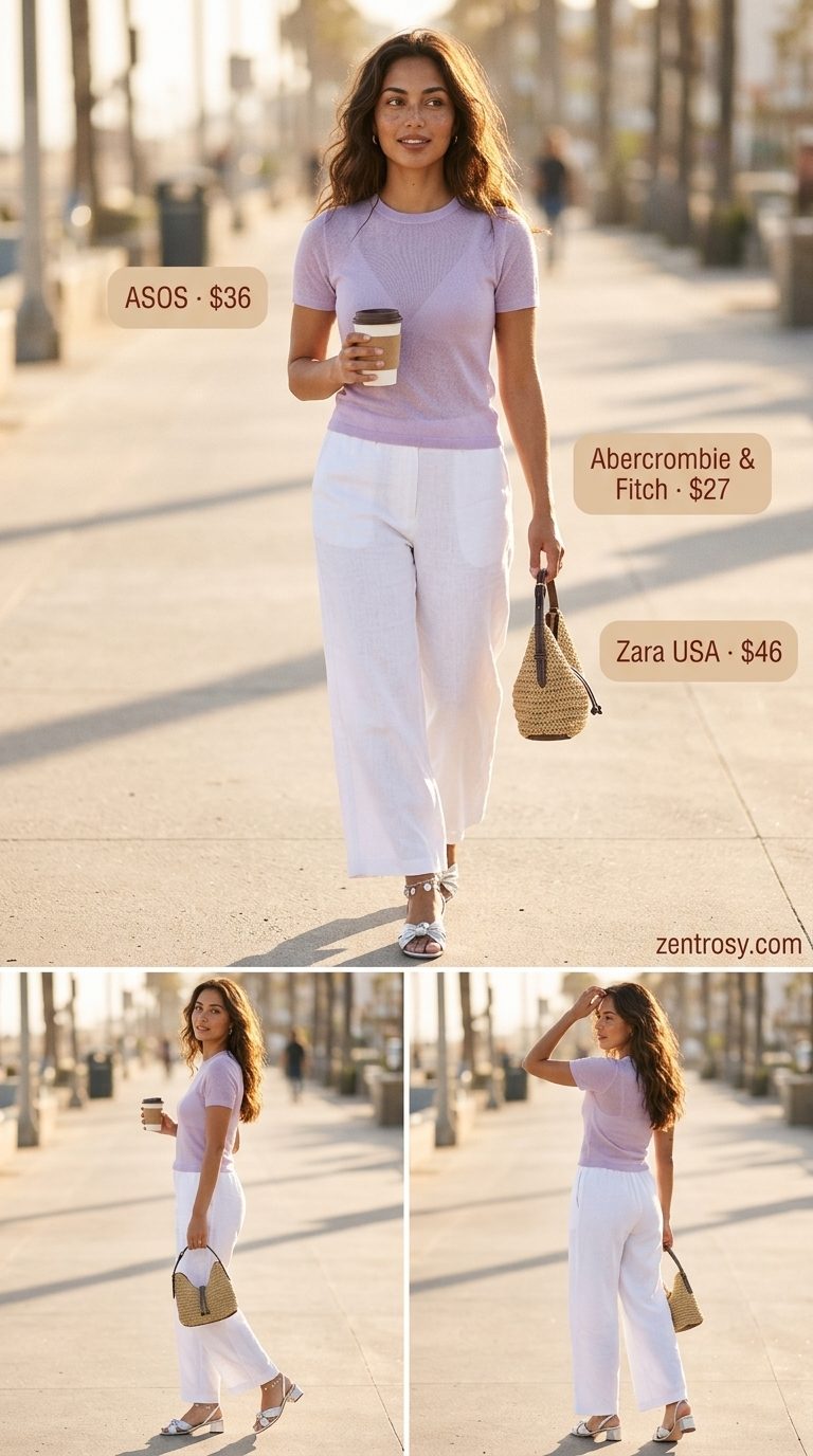 Lavender knit t-shirt with white linen pants for a beach bonfire outfit. Summer Short Sleeve T Shirts for women 2026.