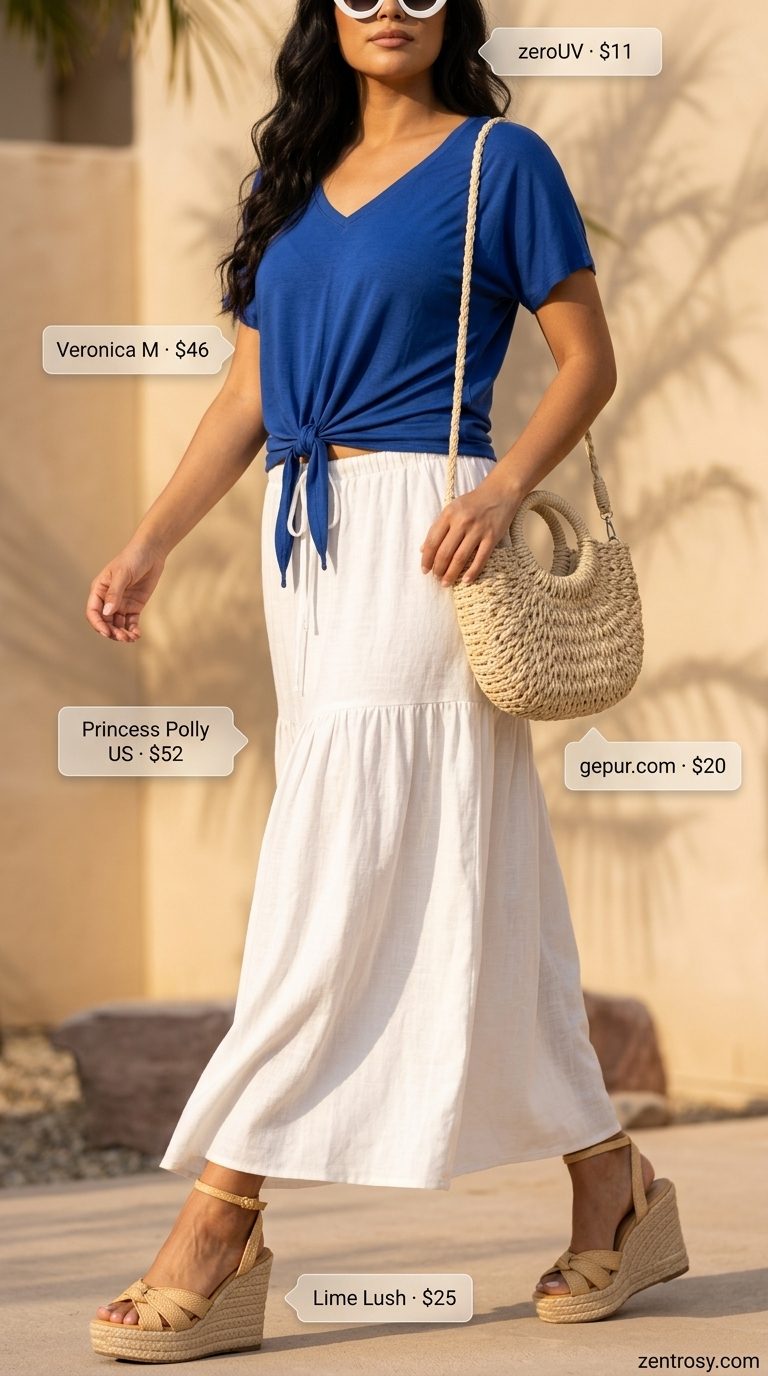 Mediterranean vacation outfit: Cobalt blue tie-front t-shirt, white maxi skirt, espadrilles for summer party.