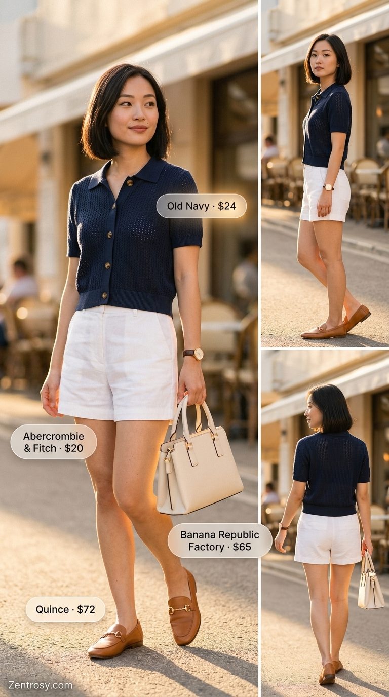 Navy polo t-shirt with white tailored shorts for chic Riviera brunch. Summer Short Sleeve T Shirts for women 2026.