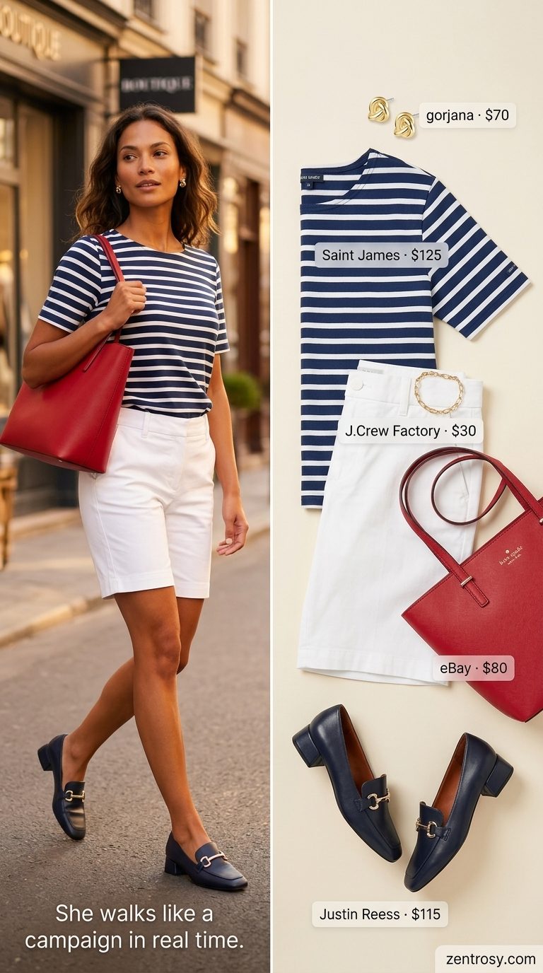Preppy seaside lunch outfit: Navy stripe short sleeve t-shirt, white Bermuda shorts, red tote bag, navy loafers. Summer Short Sleeve T Shirts for women 2026.