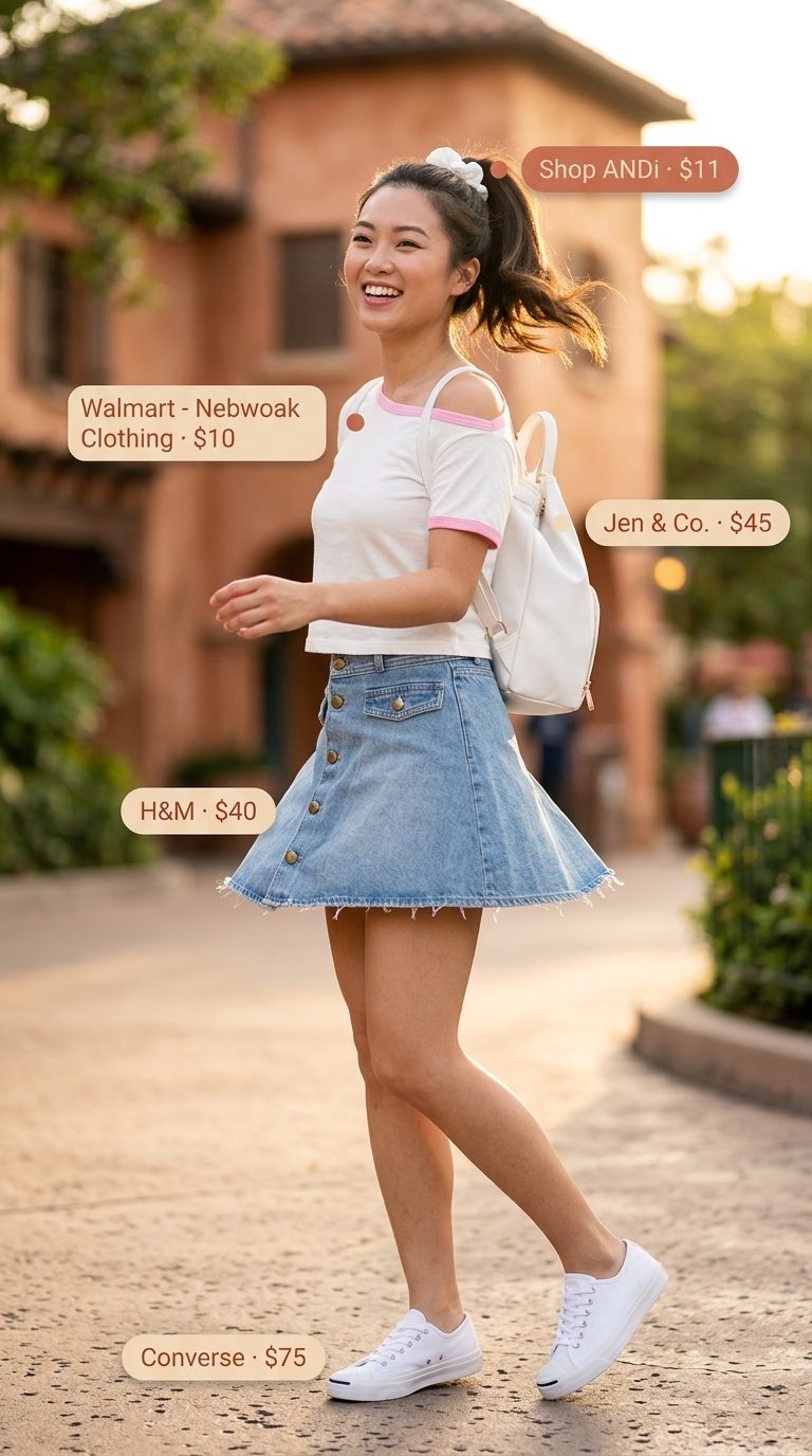 Retro diner date outfit: Pastel pink ringer t-shirt, light wash denim mini skirt, white backpack. Summer Short Sleeve T Shirts for women 2026.