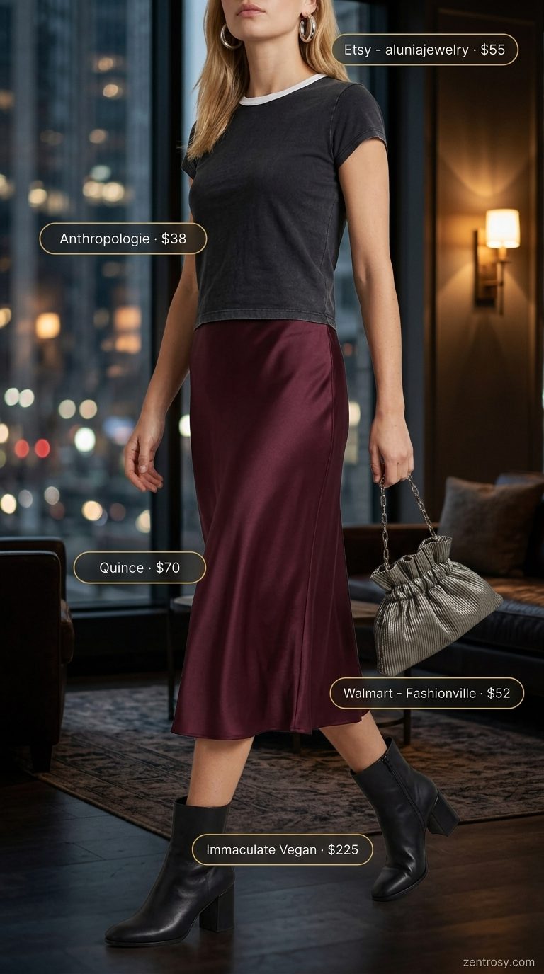 Washed black t-shirt with burgundy satin skirt for edgy evening look. Summer Short Sleeve T Shirts for women 2026.