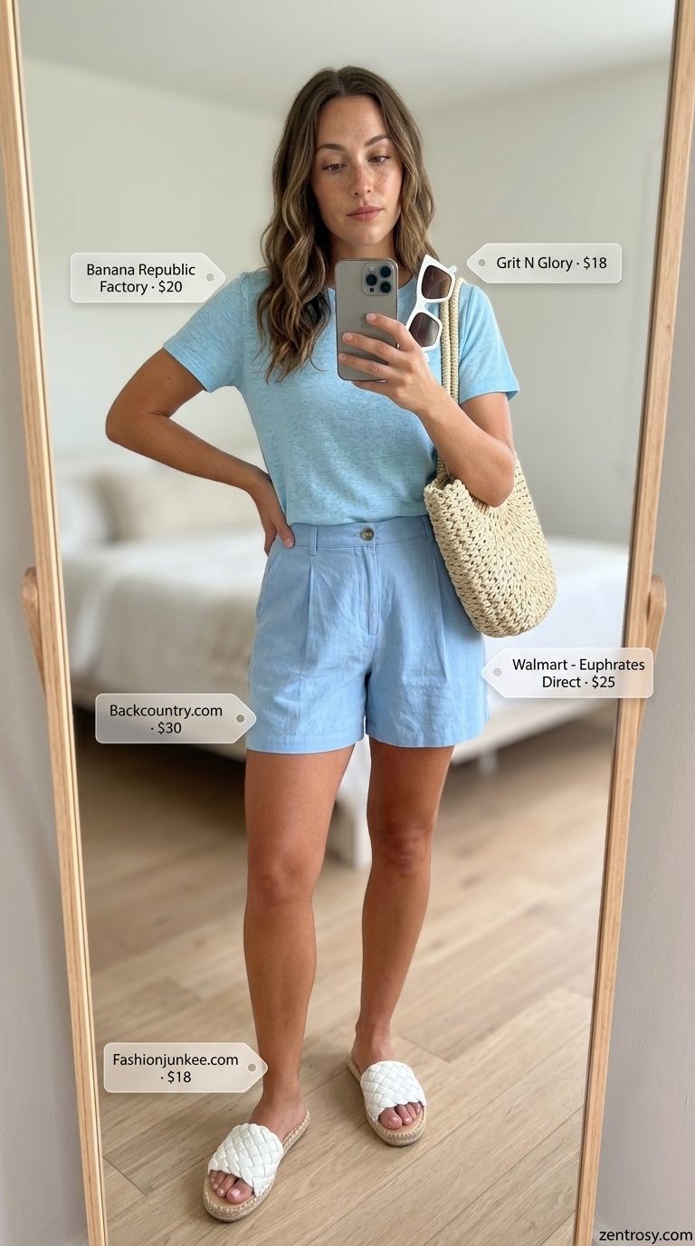 Sky blue linen shorts with a white t-shirt for a sunny getaway. Summer Short Sleeve T Shirts for women 2026.