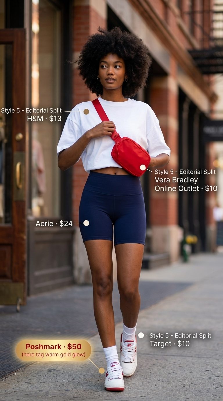 Sporty chic outfit: White oversized t-shirt, navy biker shorts, white sneakers for city exploration.