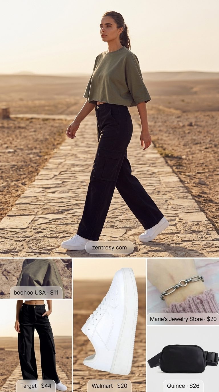 Sporty safari adventure outfit: Khaki oversized t-shirt, black cargo pants, white sneakers. Summer Short Sleeve T Shirts for women 2026.