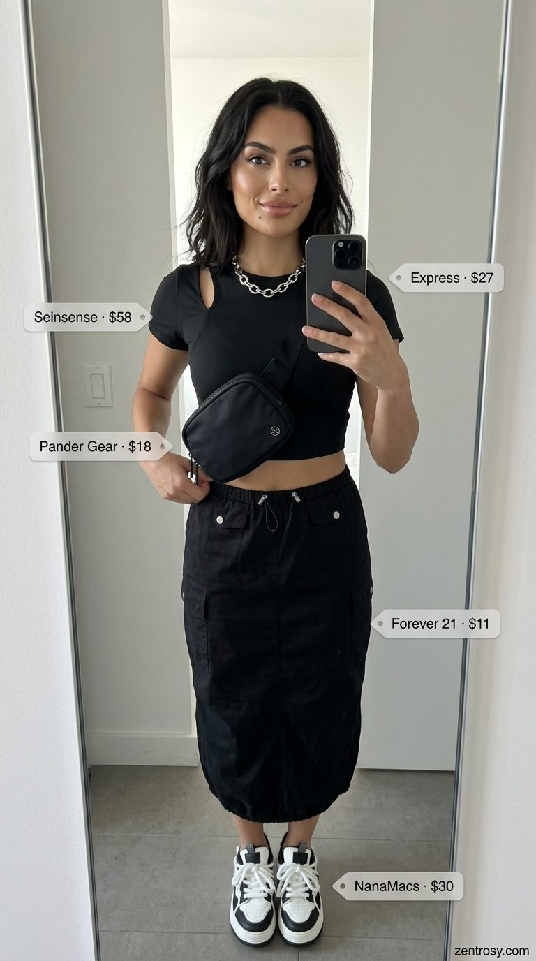 Streetwear edge outfit: Charcoal athletic t-shirt, black cargo midi skirt, platform sneakers. Summer Short Sleeve T Shirts for women 2026.