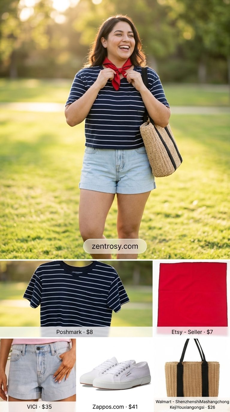 Navy stripe t-shirt with denim shorts for picnic. Summer Short Sleeve T Shirts for women 2026.