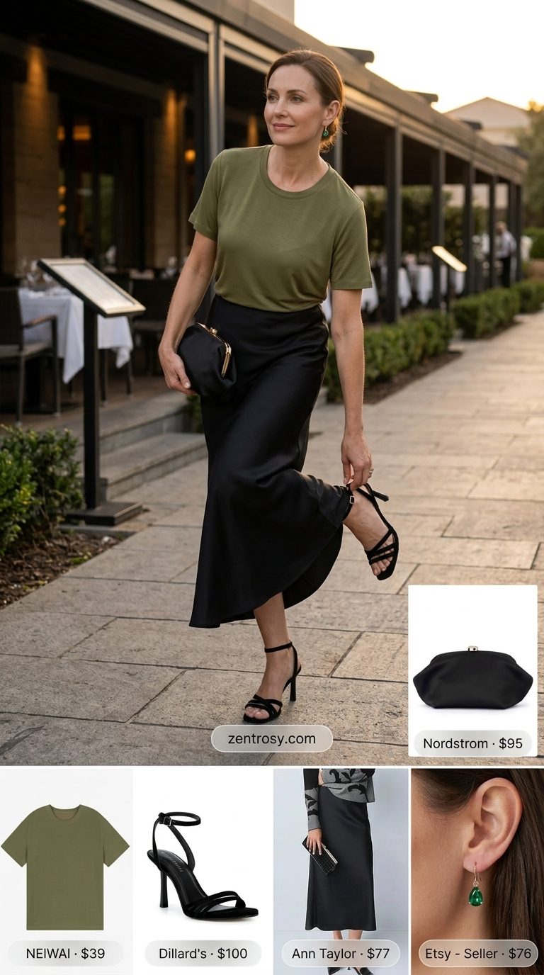 Elegant summer soiree outfit: Emerald green cropped t-shirt, satin midi skirt, strappy heels for date night.