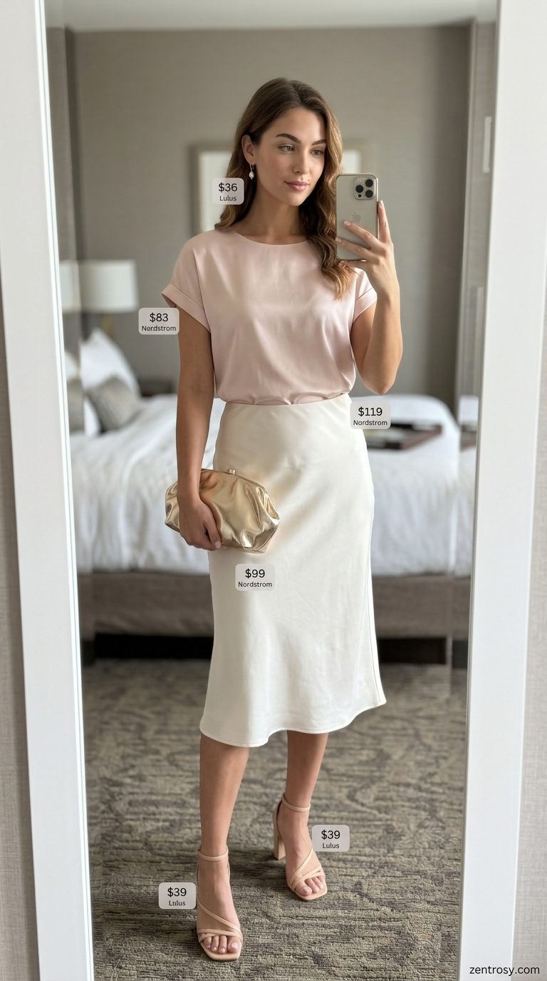 Romantic sunset date night outfit: Blush pink cropped short sleeve t-shirt, cream satin midi skirt, gold clutch. Summer Short Sleeve T Shirts for women 2026.