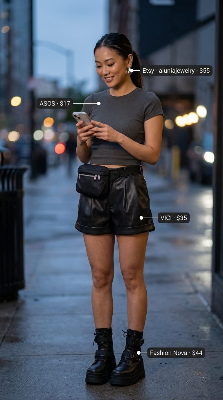 Edgy concert outfit: Charcoal graphic t-shirt, faux leather shorts, combat boots for a night out.