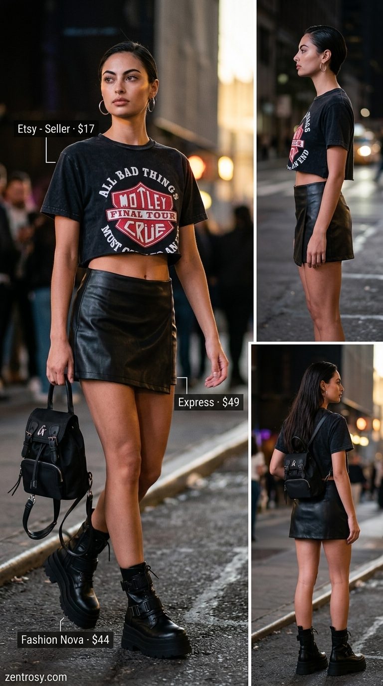 Edgy concert outfit: Faded black graphic t-shirt, faux leather skirt, combat boots for a night out.