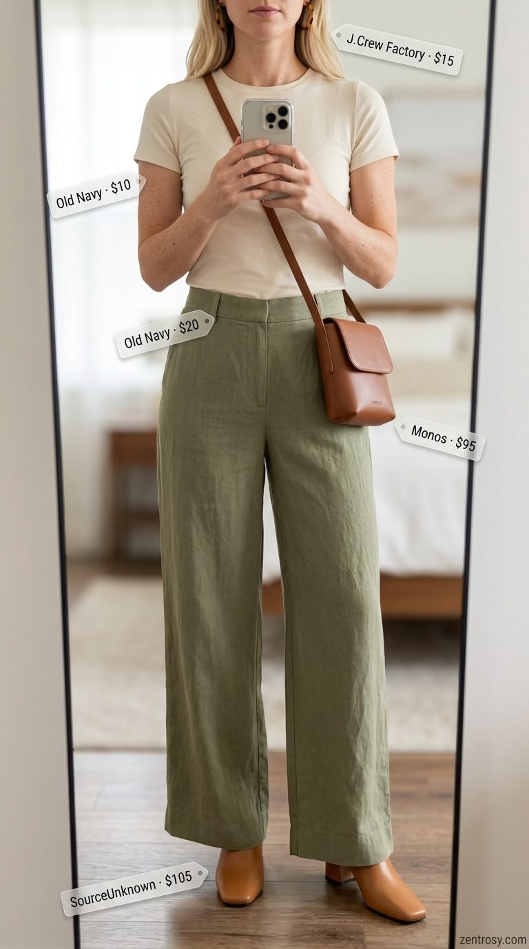 Urban safari chic outfit: Cream ribbed short sleeve t-shirt, khaki wide-leg trousers, tan mules. Summer Short Sleeve T Shirts for women 2026.