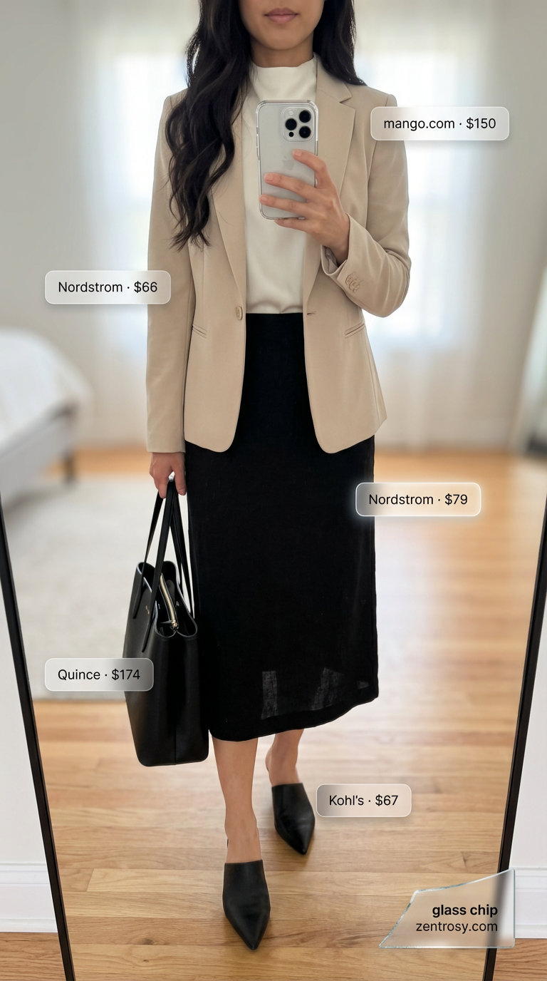 Business Casual Summer Skirt Outfit 2026 Polished beige linen blend midi skirt with a black tailored blazer and off-white silk blouse for professional summer skirt outfits 2026.