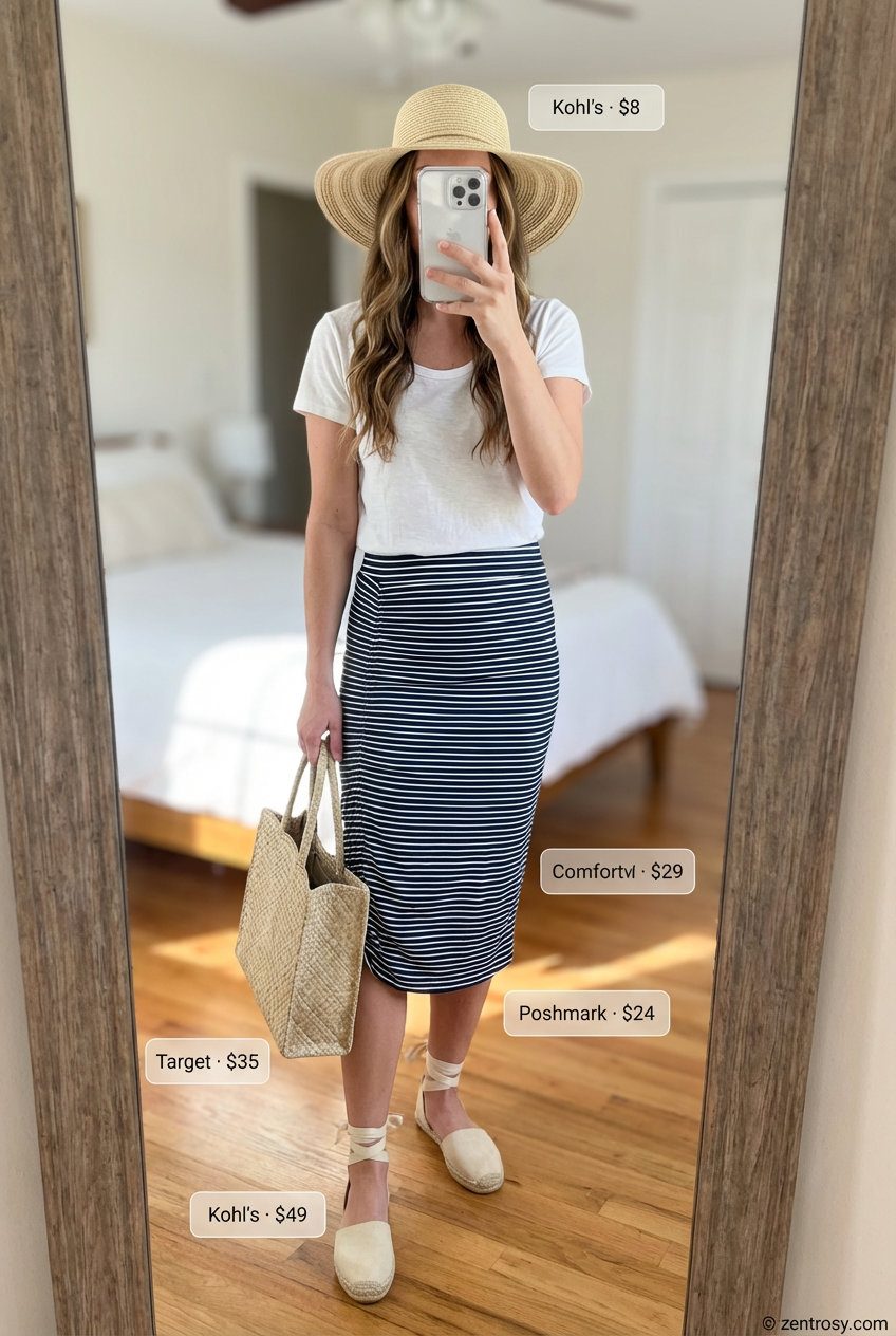 Casual Coastal Summer Skirt Outfit 2026 Relaxed navy and white stripe A-line midi skirt with a white t-shirt, straw hat, and espadrille sandals for summer skirt outfits 2026.