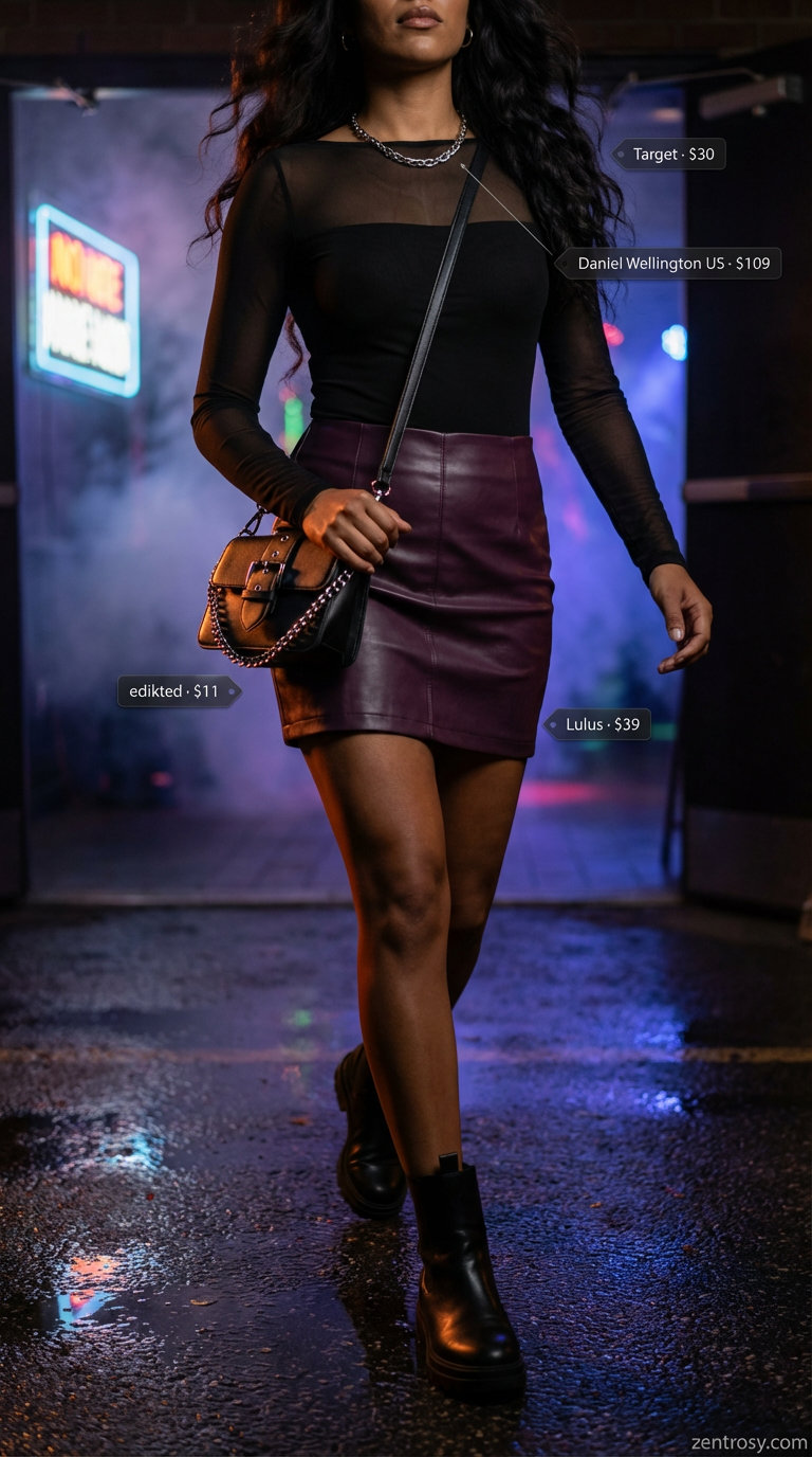 Edgy Night Out Summer Skirt Styling 2026 Edgy Evening Out summer skirt outfit 2026 with a black faux leather mini skirt, deep plum mesh bodysuit, and chunky platform boots.