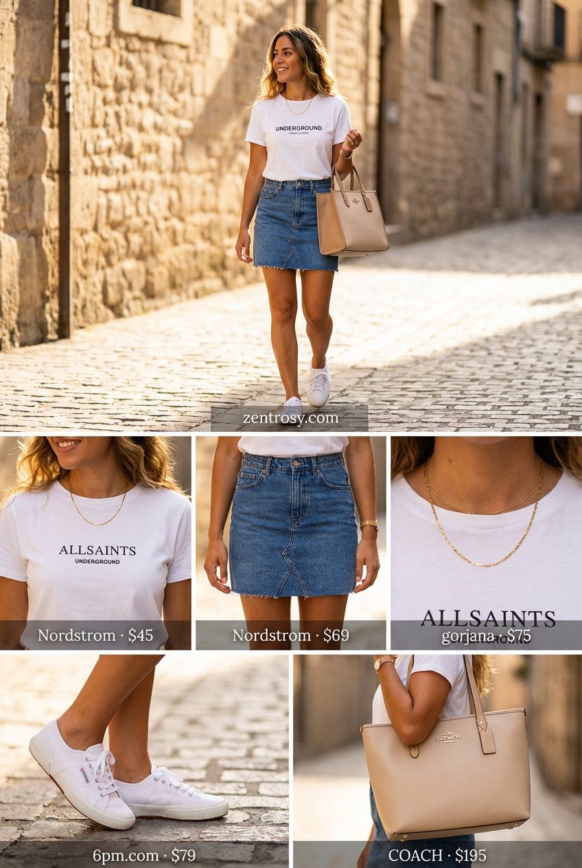 Effortless Denim Summer Skirt Outfit 2026 Effortless denim mini skirt with a white graphic t-shirt and white sneakers, ideal for casual summer skirt outfits 2026.