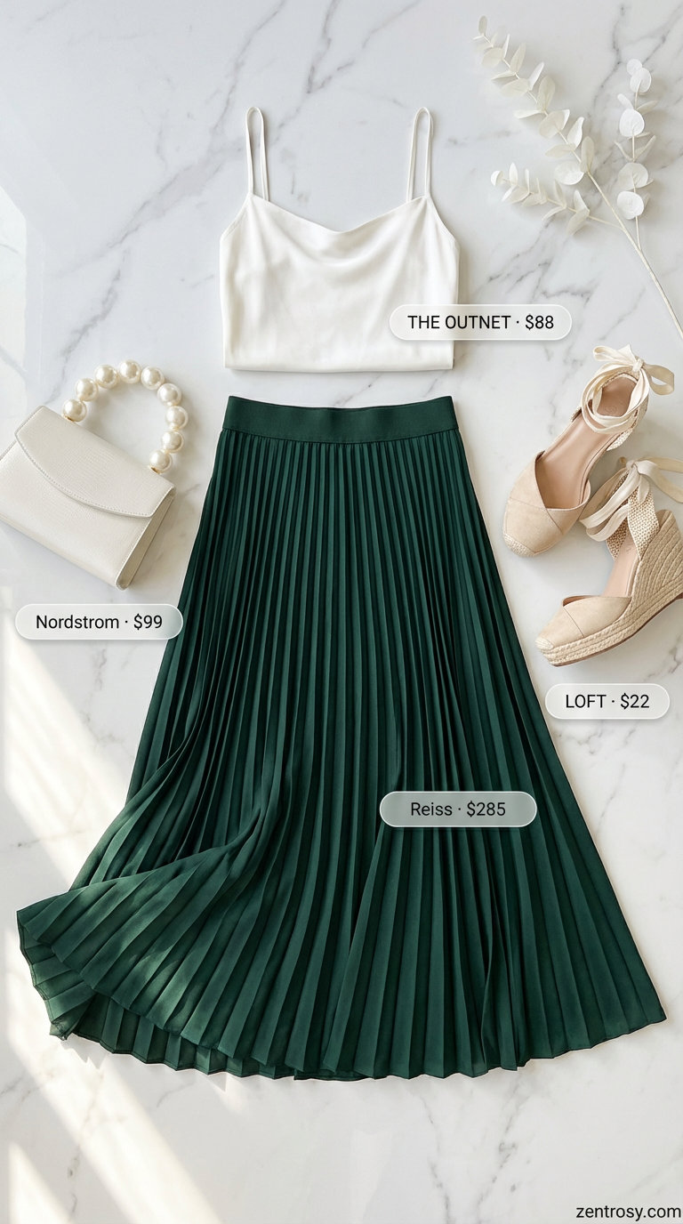Elegant Garden Party Summer Skirt Outfit 2026 Elegant emerald green pleated midi skirt with an off-white satin camisole and nude espadrille wedges, perfect for summer skirt outfits 2026.