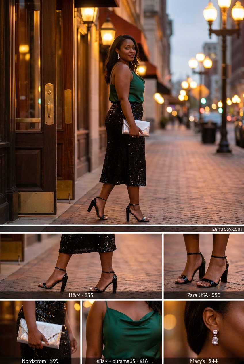 Glamorous Evening Summer Skirt Outfit 2026 Glamorous black sequin midi skirt with emerald green satin camisole and black strappy heels, perfect for summer skirt outfits 2026 evening events.
