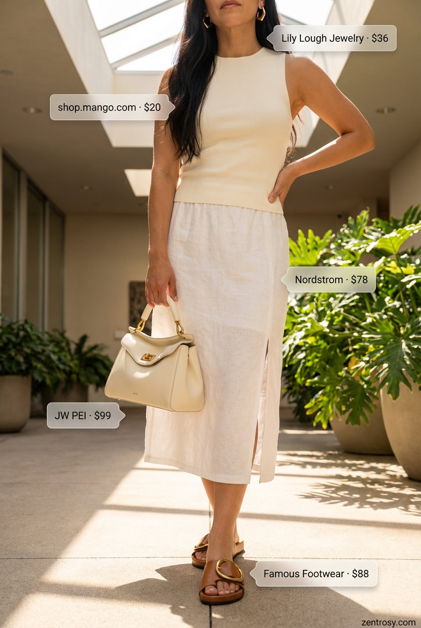 Sophisticated Minimalist Summer Skirts 2026 Monochrome Minimalist summer skirt outfit 2026 featuring a crisp white linen midi skirt, off-white knit tank, and gold jewelry.