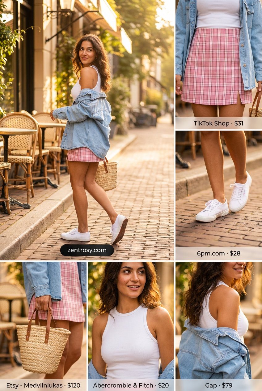 Sweet & Playful Summer Skirt Outfits 2026 Playful Preppy Picnic summer skirt outfit 2026 with a pink gingham mini skirt, white tank, denim jacket, and white sneakers.