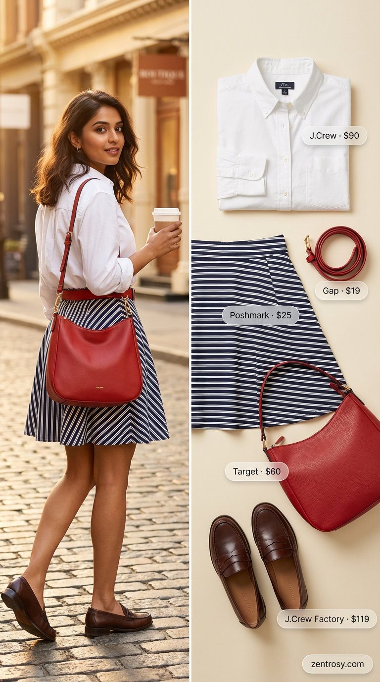 Preppy Brunch Summer Skirt Outfit 2026 Playful navy and white striped mini skirt with an oversized white button-down and red leather belt, a chic summer skirt outfit 2026.
