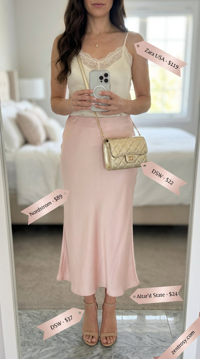 Romantic Date Night Summer Skirt Outfit 2026 Romantic blush pink satin midi slip skirt with a cream lace-trim camisole, perfect for date night summer skirt outfits 2026.