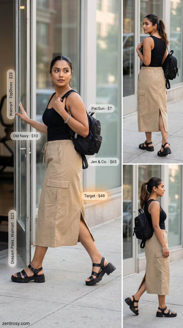 Urban Safari Summer Skirt Outfit 2026 Ideas Urban Safari Explorer summer skirt outfit 2026 featuring a khaki cargo midi skirt, black ribbed tank top, and platform sandals. Perfect for city adventures.
