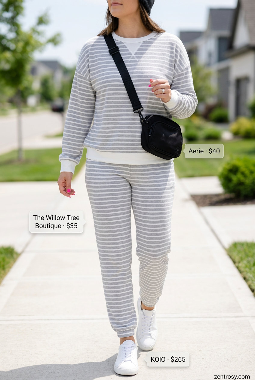 Athleisure stripe matching set outfit for women with grey and white striped top and joggers, white sneakers. Summer Stripe Outfits for Women 2026.