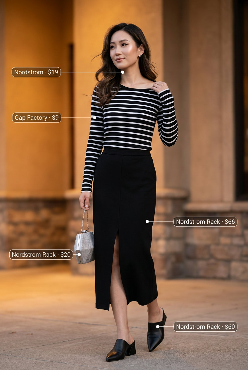 Minimalist black and white striped knit top with midi skirt for summer outfits women 2026 dinner dates.