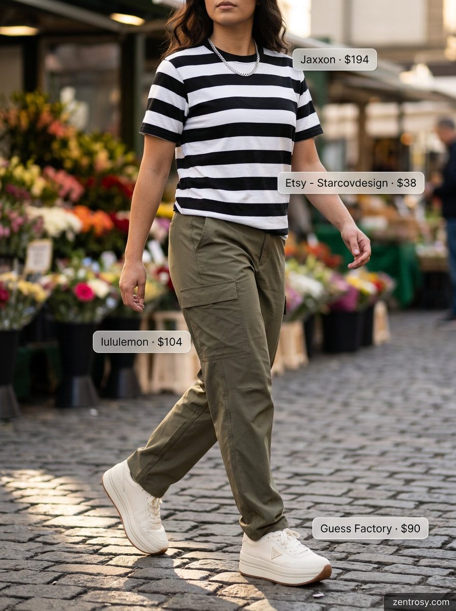 Summer Stripe Outfits for Women 2026: Black and white stripe tee with olive green cargo pants for casual cool.