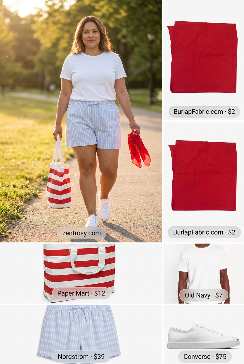 Casual summer stripe shorts outfit for women with blue and white striped shorts, white tee, and red bandana. Summer Stripe Outfits for Women 2026.