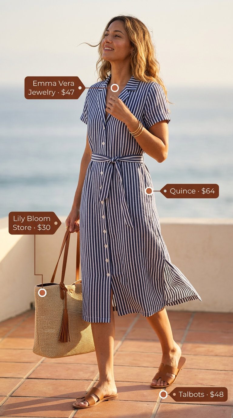 Coastal breeze stripe dress outfit for women with navy and white midi shirt dress, tan slides, and straw tote. Summer Stripe Outfits for Women 2026.