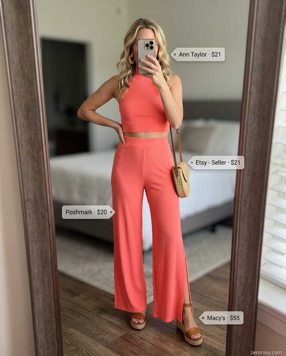 Summer Stripe Outfits for Women 2026: Coral and white stripe matching set for a tropical vacation or party.