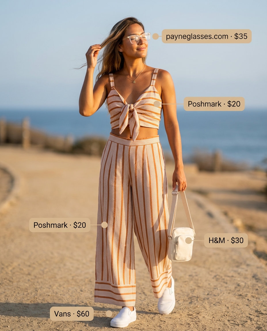 Summer Stripe Outfits for Women 2026: Cream and coral stripe matching set for a relaxed weekend getaway.