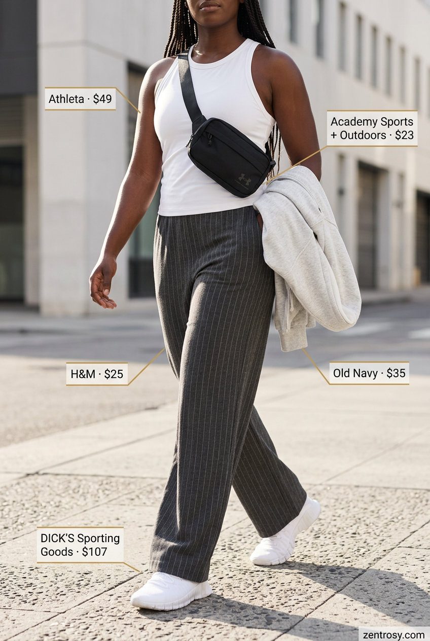 Summer Stripe Outfits for Women 2026: Grey and white stripe wide-leg pants with athletic tank and jacket.
