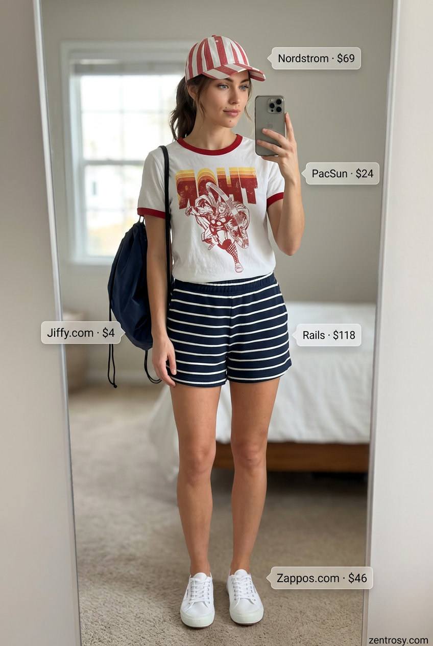 Summer Stripe Outfits for Women 2026: Navy and white stripe shorts with a graphic tee for sporty fun.