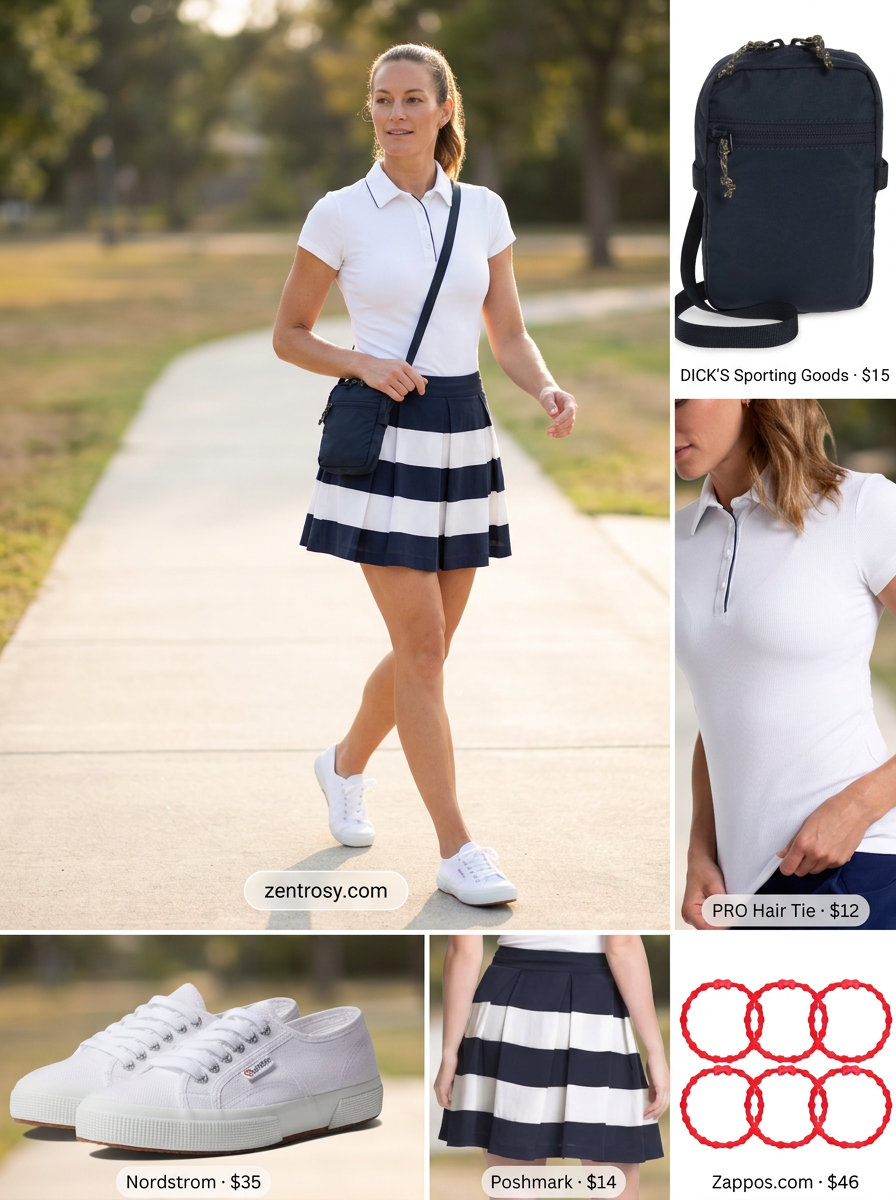 Summer Stripe Outfits for Women 2026: Navy and white stripe pleated mini skirt with polo shirt for sporty chic.